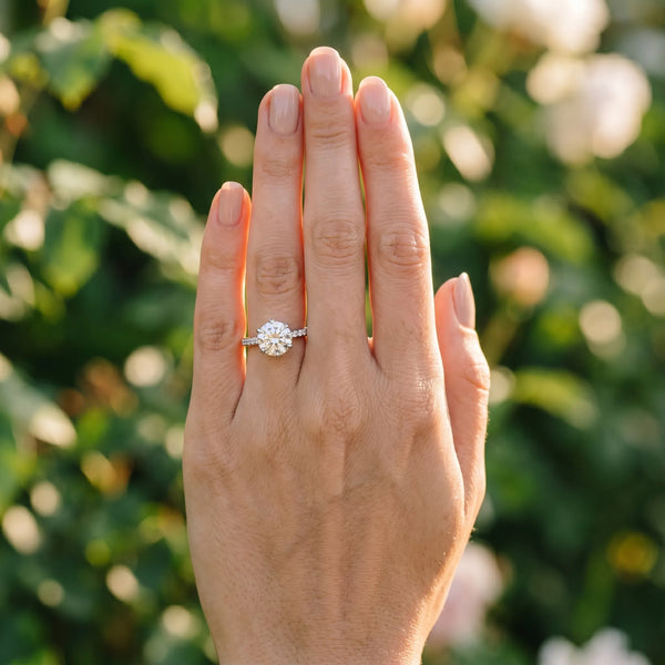 White gold Round Solitaire Diamond Engagement Ring with Pave Band and Six-Prong Setting