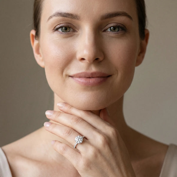 White gold Round Solitaire Diamond Engagement Ring with Pave Band and Six-Prong Setting