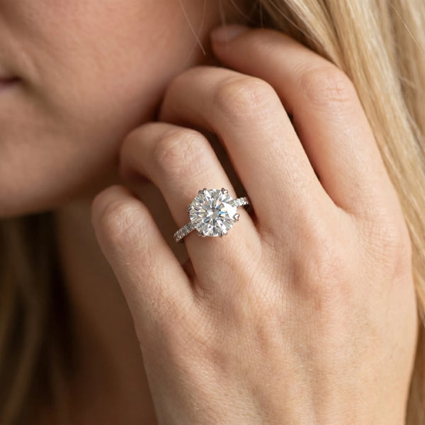 White gold Round Solitaire Diamond Engagement Ring with Pave Band and Six-Prong Setting