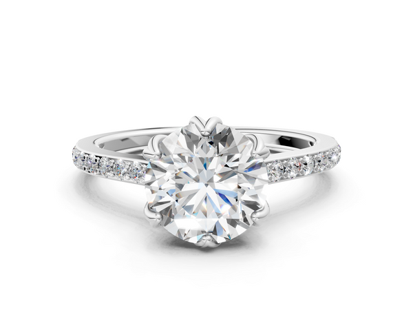 White gold Round Solitaire Diamond Engagement Ring with Pave Band and Six-Prong Setting