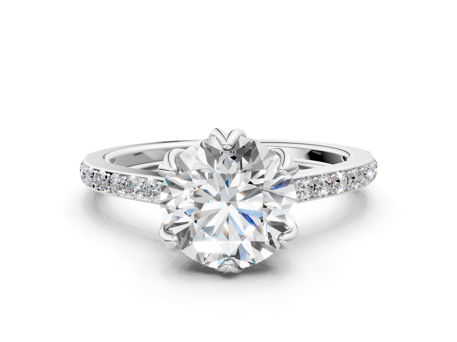 White gold Round Solitaire Diamond Engagement Ring with Pave Band and Six-Prong Setting