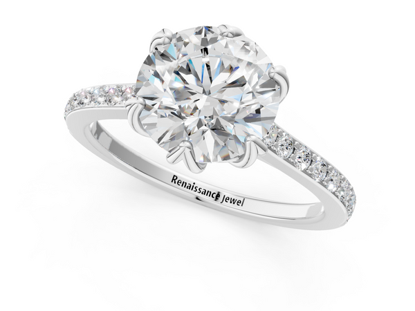 White gold Round Solitaire Diamond Engagement Ring with Pave Band and Six-Prong Setting