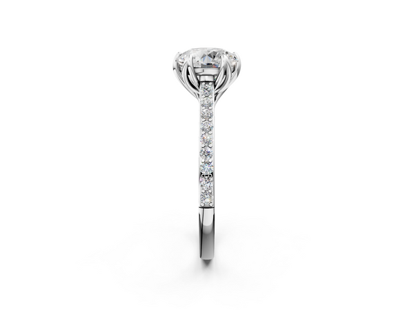 White gold Round Solitaire Diamond Engagement Ring with Pave Band and Six-Prong Setting