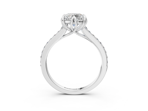 White gold Round Solitaire Diamond Engagement Ring with Pave Band and Six-Prong Setting