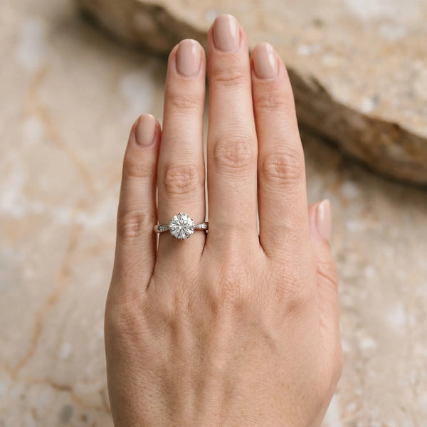 White gold Round Solitaire Diamond Engagement Ring with Split Shank and Six-Prong Setting