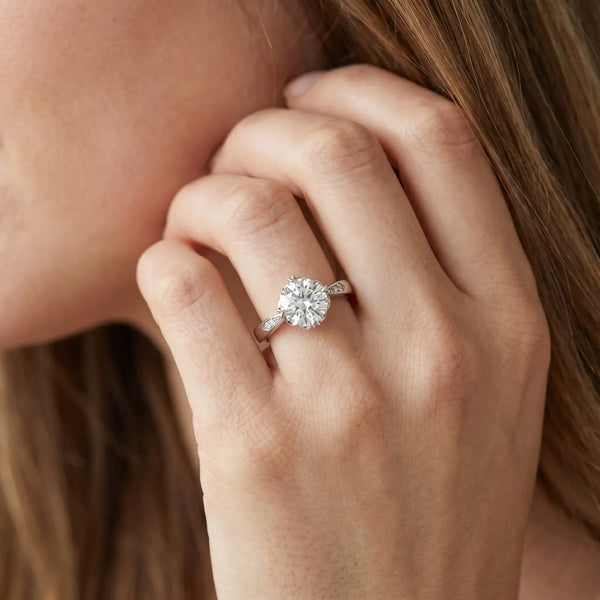 White gold Round Solitaire Diamond Engagement Ring with Split Shank and Six-Prong Setting