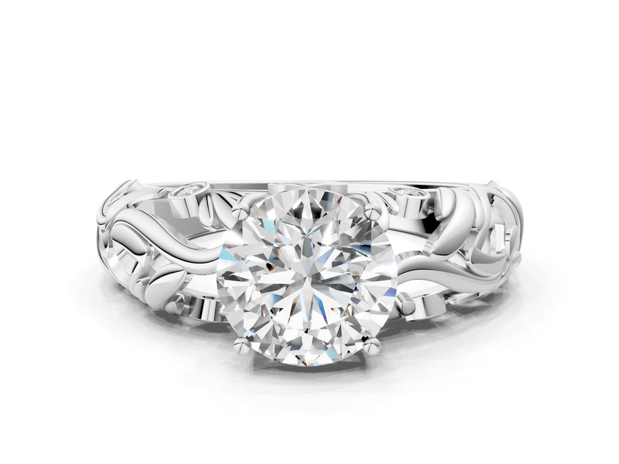 White gold Round Cut Solitaire Diamond Leaf-Inspired Vine Band Ring with Prong Setting