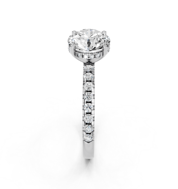 10K White Gold 1.56 Carat F VVS2 Round Solitaire Diamond Pavé Band with Four-Prong Setting