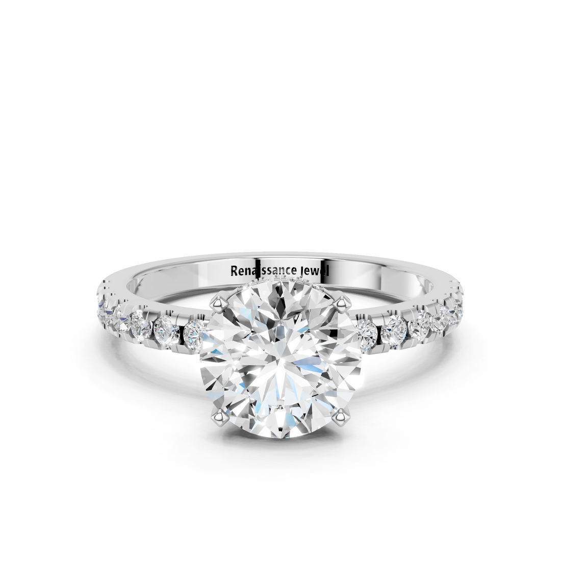 10K White Gold 1.56 Carat F VVS2 Round Solitaire Diamond Pavé Band with Four-Prong Setting