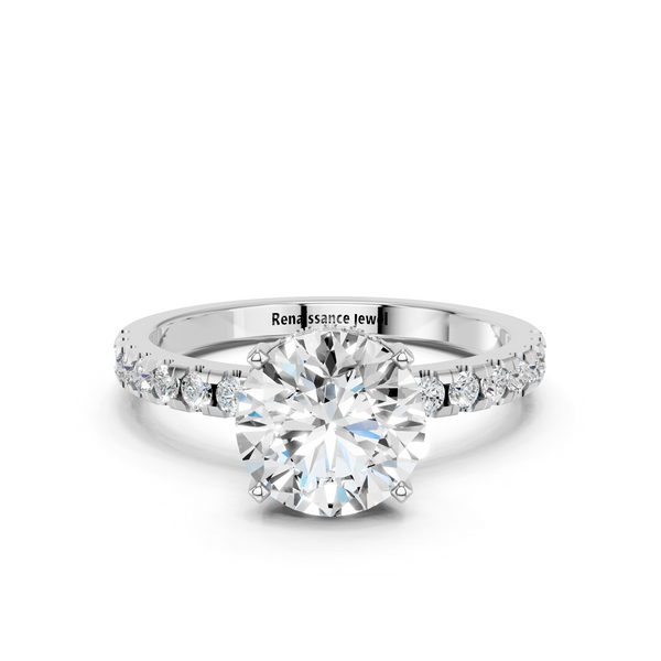 10K White Gold 1.56 Carat F VVS2 Round Solitaire Diamond Pavé Band with Four-Prong Setting