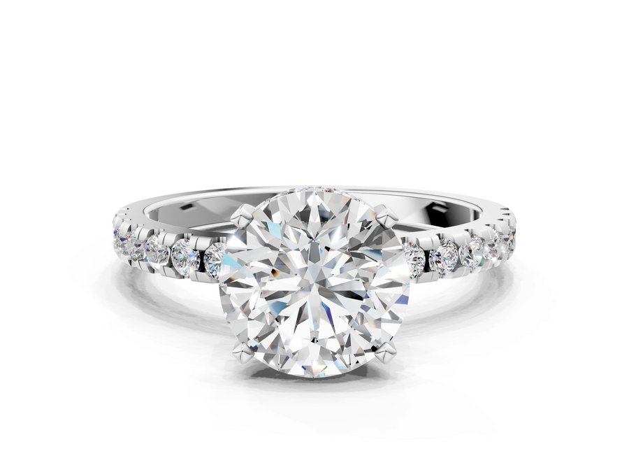 White gold Round Solitaire Diamond Pavé Band with Four-Prong Setting