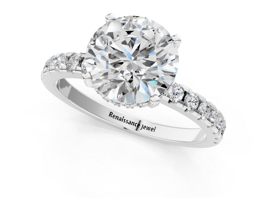 White gold Round Solitaire Diamond Pavé Band with Four-Prong Setting