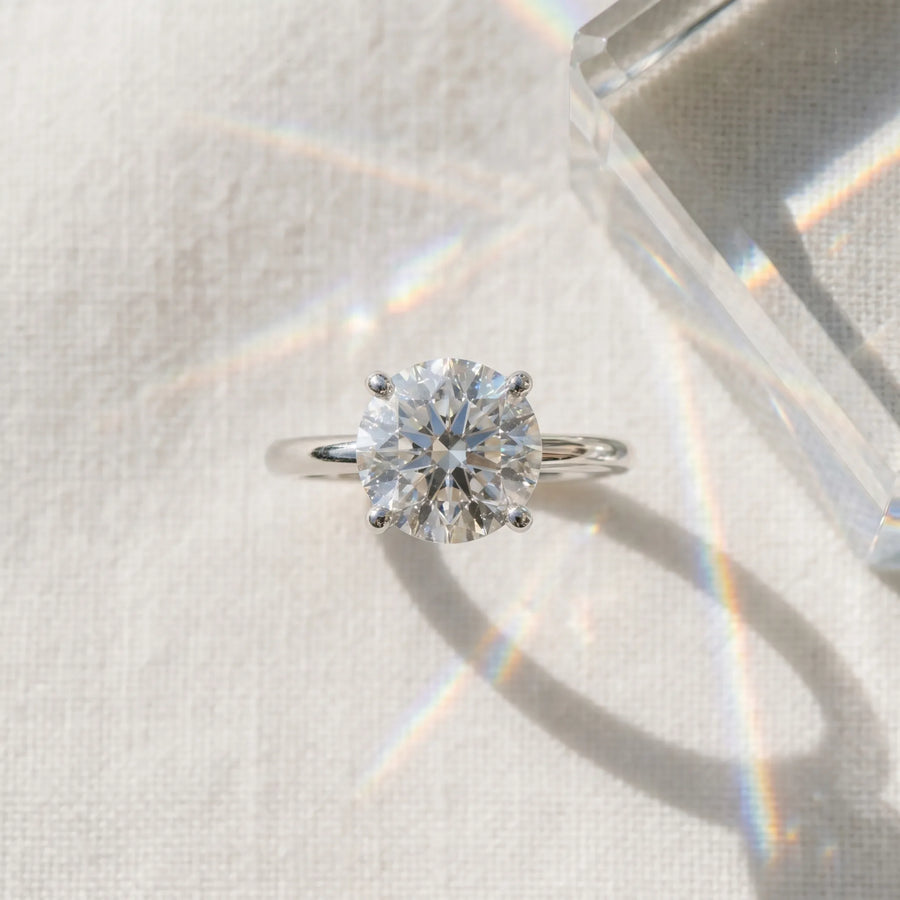 White gold Round Solitaire Diamond Ring with 4-Prong Setting on a Classic Band