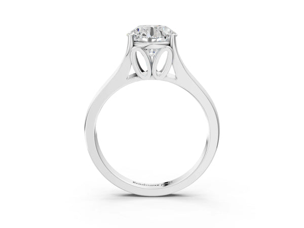 White gold Round Solitaire Diamond Ring with Cathedral Band and Four-Prong Setting