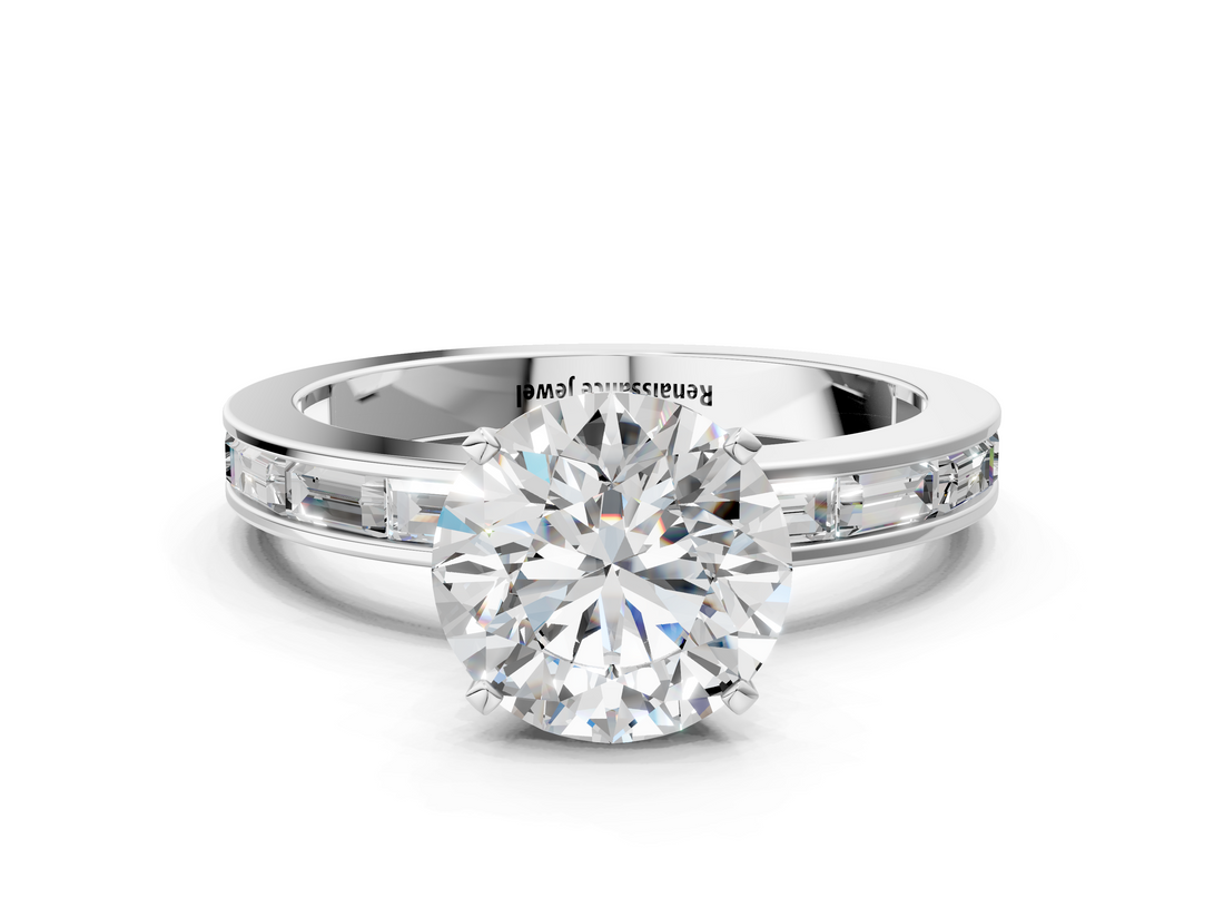 White gold Round Solitaire Diamond Ring with Channel-Set Baguette Band and Four-Prong Setting_110