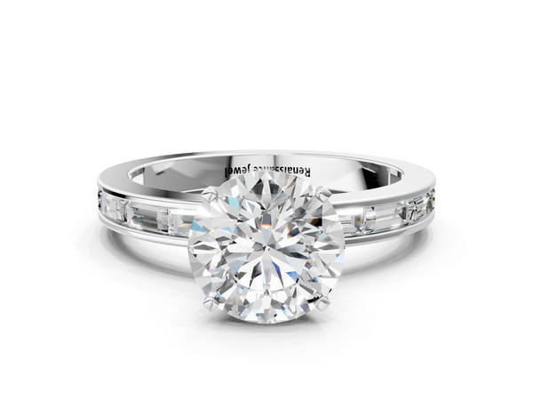 Sterling Silver Round Baguette Side Stone Engagement Ring Setting with Channel-Set Baguette Band