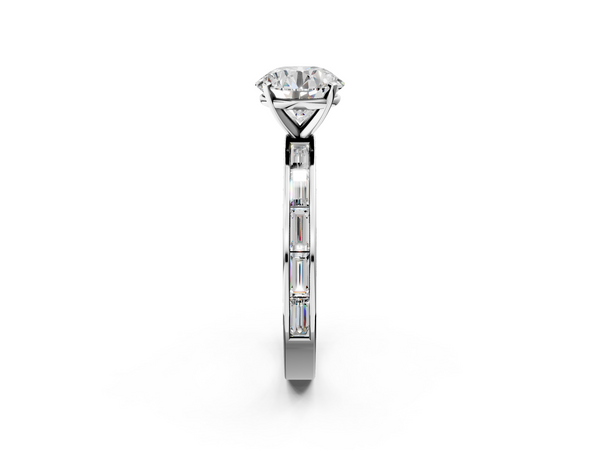 Sterling Silver Round Baguette Side Stone Engagement Ring Setting with Channel-Set Baguette Band