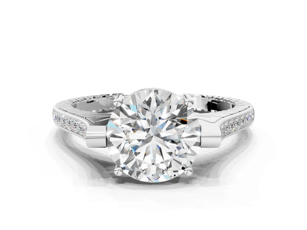 White gold Round Solitaire Diamond Ring with Channel Set Band and Bezel Prong Setting