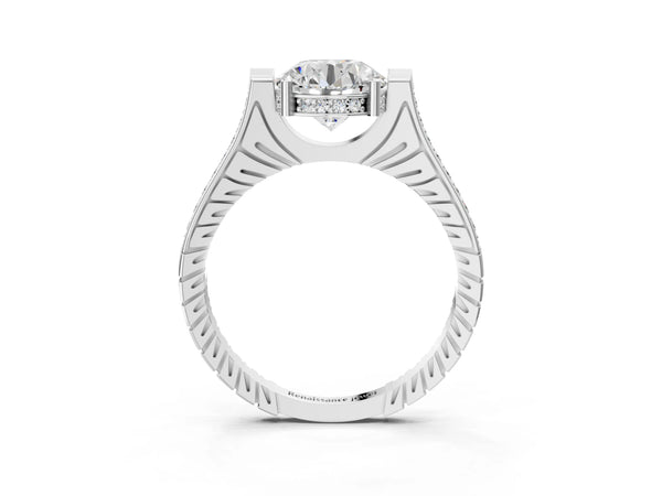 White gold Round Solitaire Diamond Ring with Channel Set Band and Bezel Prong Setting