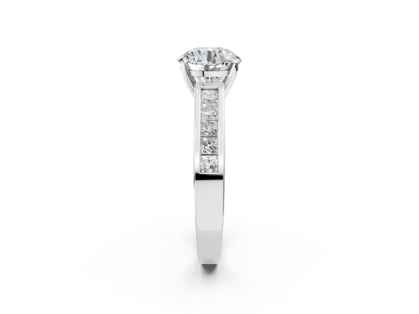White gold Round Solitaire Diamond Ring with Channel-Set Band and Four-Prong Setting