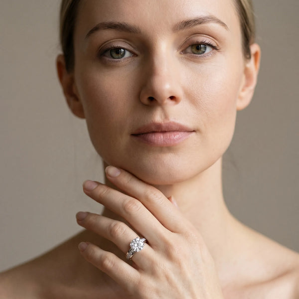 White gold Round Solitaire Diamond Ring with Channel Set Band and Six-Prong Setting