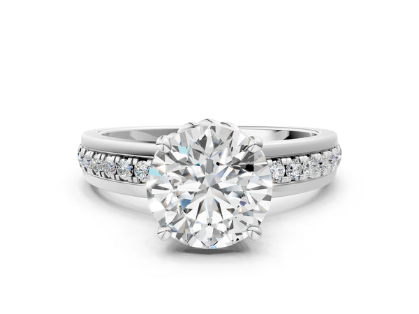 White gold Round Solitaire Diamond Ring with Channel Set Band and Six-Prong Setting