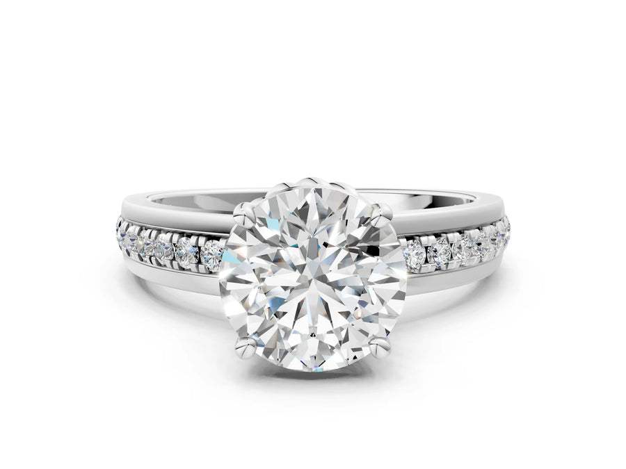 White gold Round Solitaire Diamond Ring with Channel Set Band and Six-Prong Setting