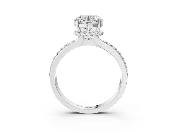 White gold Round Solitaire Diamond Ring with Channel Set Band and Six-Prong Setting