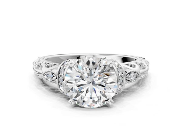 Platinum Round Cut Diamond Solitaire Ring with Filigree Band and Four-Prong Setting