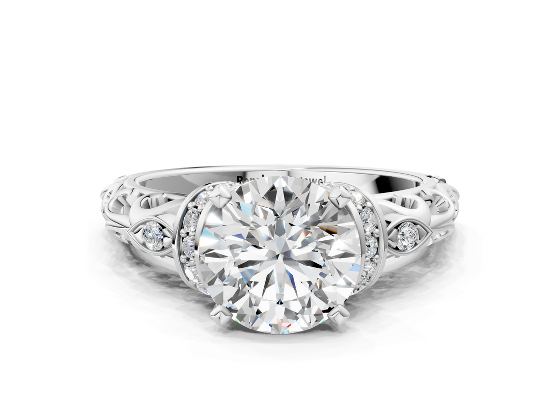 White gold Round Solitaire Diamond Ring with Filigree Band and Four-Prong Setting_77