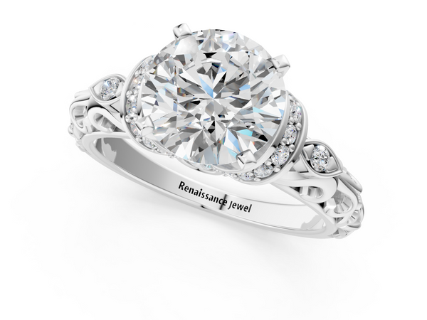 Platinum Round Cut Diamond Solitaire Ring with Filigree Band and Four-Prong Setting