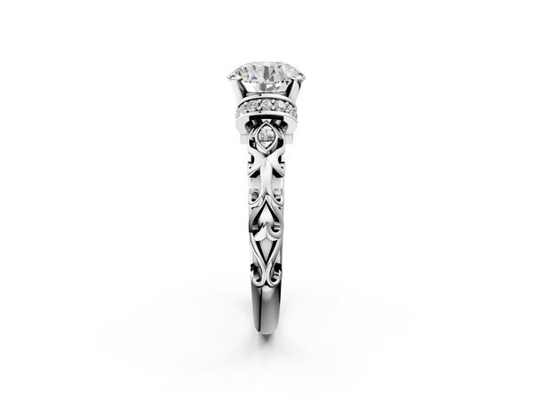 Platinum Round Cut Diamond Solitaire Ring with Filigree Band and Four-Prong Setting