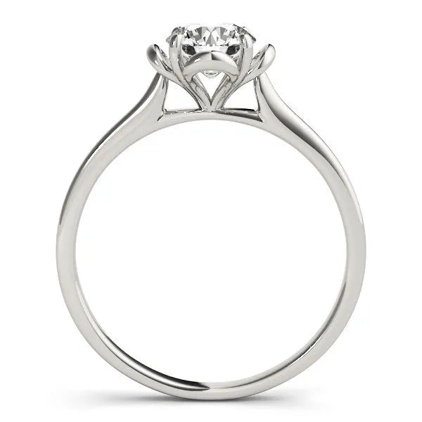 White gold Round Solitaire Diamond Ring with Floral Prong Setting and Classic Band