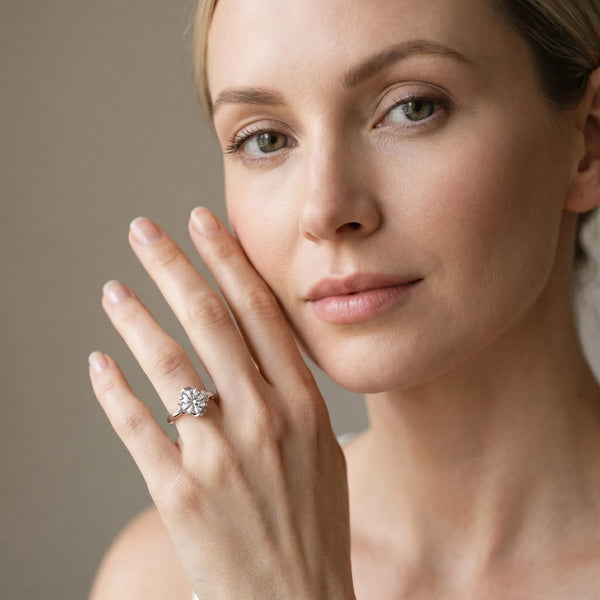 White gold Round Solitaire Diamond Ring with Floral Prong Setting and Classic Band