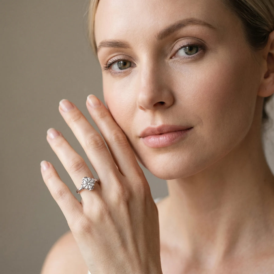 White gold Round Solitaire Diamond Ring with Floral Prong Setting and Classic Band