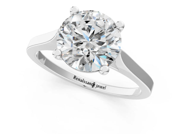 White gold Round Solitaire Diamond Ring with Four-Prong Setting and Tapered Band