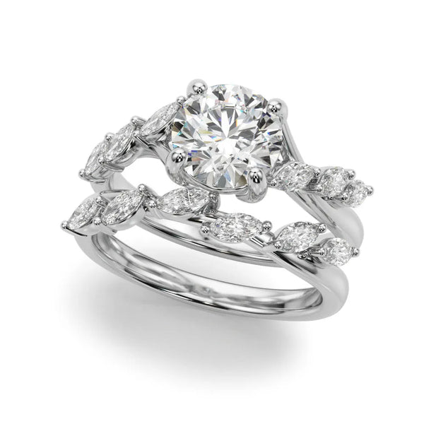 White gold Round Solitaire Diamond Ring with Marquise Side Stones and Prong Setting on a Split Shank Band