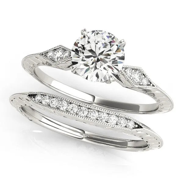 White gold Round Solitaire Diamond Ring with Milgrain Band and Four-Prong Setting