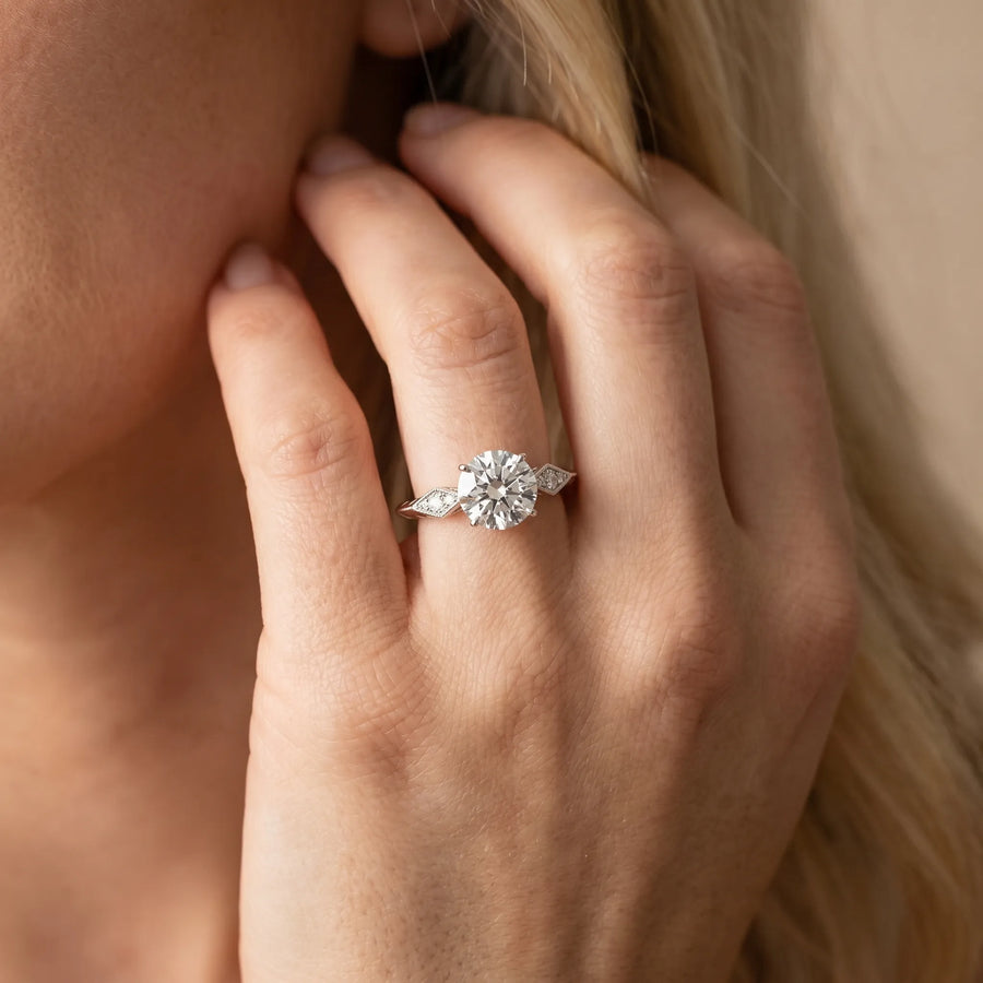 White gold Round Solitaire Diamond Ring with Milgrain Band and Four-Prong Setting