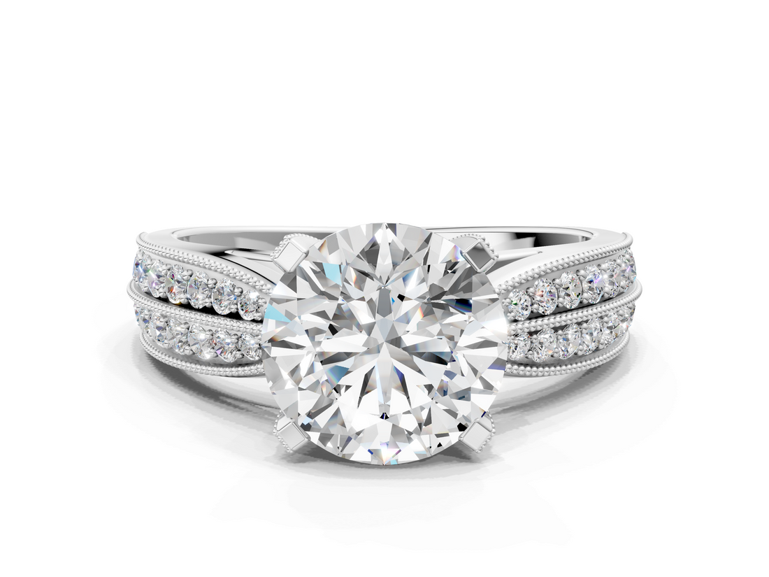 White gold Round Solitaire Diamond Ring with Milgrain Pavé Band and Four-Prong Setting_142