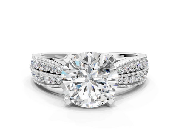White gold Round Solitaire Diamond Ring with Milgrain Pavé Band and Four-Prong Setting