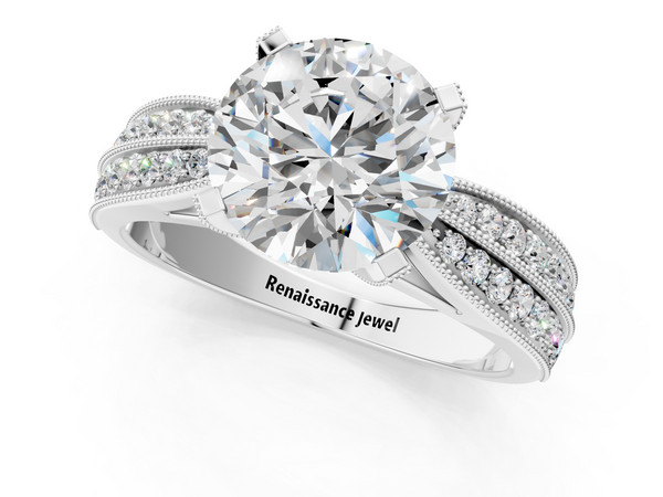 White gold Round Solitaire Diamond Ring with Milgrain Pavé Band and Four-Prong Setting
