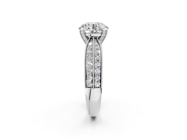 White gold Round Solitaire Diamond Ring with Milgrain Pavé Band and Four-Prong Setting
