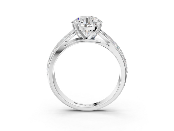 White gold Round Solitaire Diamond Ring with Milgrain Pavé Band and Four-Prong Setting