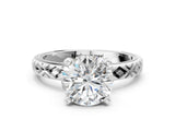 White gold Round Solitaire Diamond Ring with Milgrain and Black Enamel X Pattern Band_196