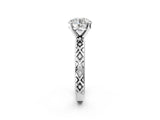 White gold Round Solitaire Diamond Ring with Milgrain and Black Enamel X Pattern Band_198