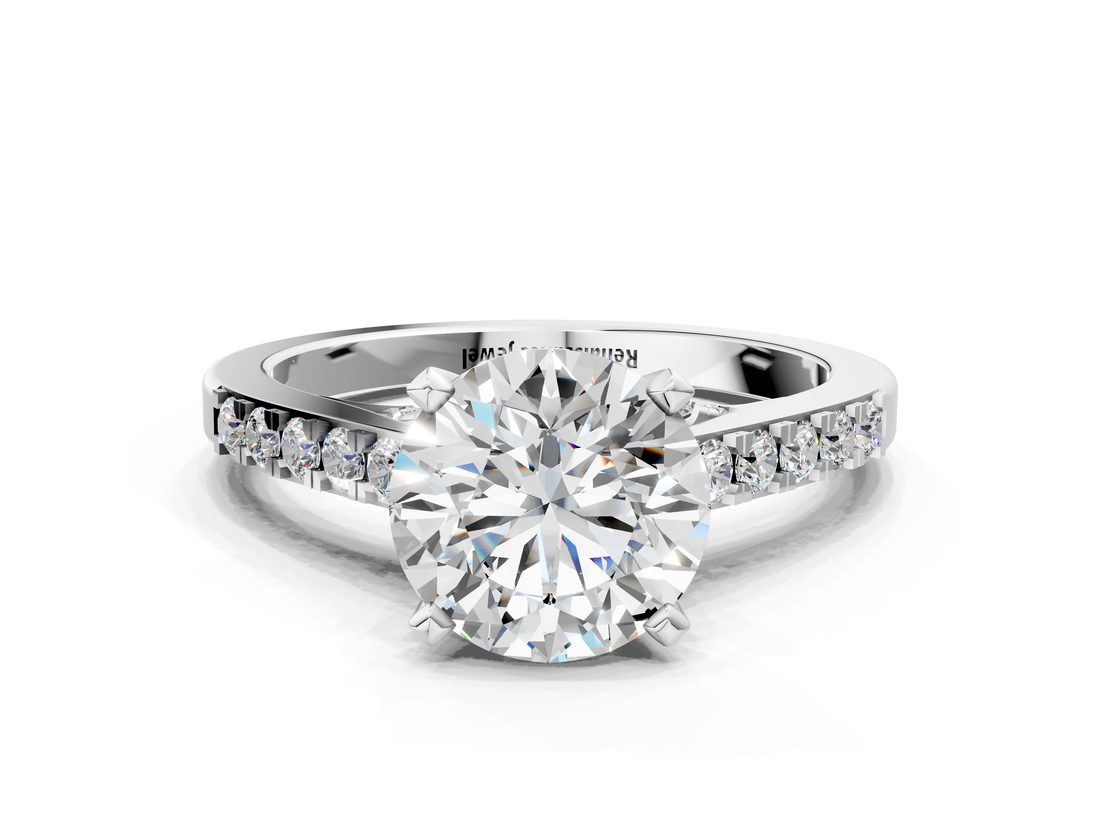 White gold Round Solitaire Diamond Ring with Pavé Band and Four-Prong Setting_202