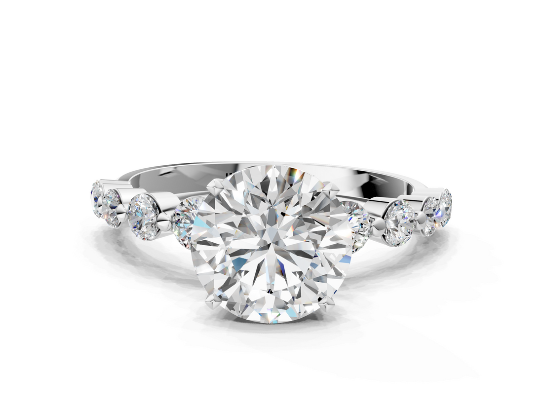 White gold Round Solitaire Diamond Ring with Pave Band and Four-Prong Setting_283