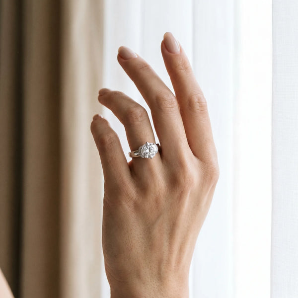 White gold Round Solitaire Diamond Ring with Pave Band and Six-Prong Setting