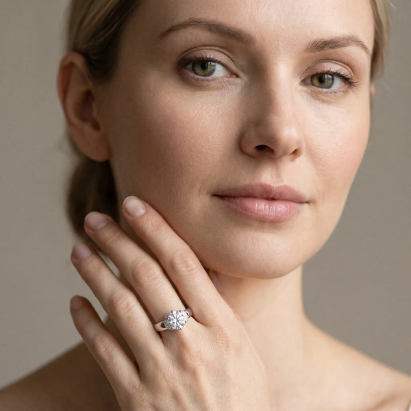 White gold Round Solitaire Diamond Ring with Pave Band and Six-Prong Setting